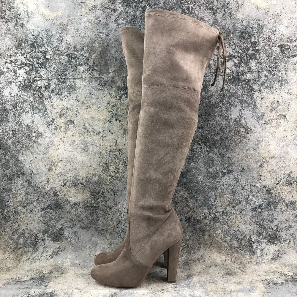 Steve Madden Women's Size 7.5M Grandeal Brown Textile Tie Back Heeled OTK Boots